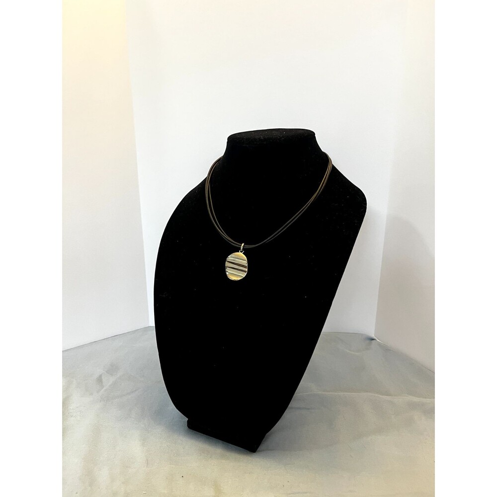 : Handmade – 3 Strand Leather Necklace with Round Silver Pounded Pendant